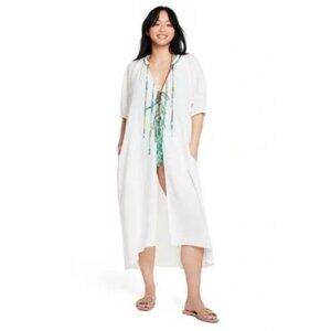 RHODE x Target Women's Tie-Front Puff Sleeve Cover Up Dress White/Green L